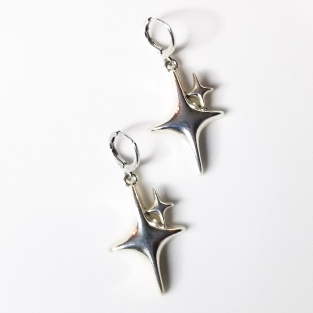 NEW Dolls Kill Silver Metal Dainty Hoop Earrings w/ Sparkles - Picture 2 of 5